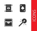 Set Magic wand, scroll, Antique treasure chest and Playing cards icon. Vector