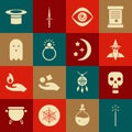 Set Magic wand, Skull, Wizard warlock, Hypnosis, stone ring with gem, Ghost, Magician hat and Moon stars icon. Vector Royalty Free Stock Photo