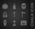 Set Magic wand, Tombstone with cross, Calendar Halloween, Scythe, Coffin, Funny scary ghost mask, Skull and Pumpkin icon