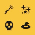 Set Magic wand, Witch hat, Skull and Magical glitter particles icon with long shadow. Vector Royalty Free Stock Photo