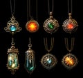 Set of magical amulets, intricately fashioned from gold and embedded with precious magic stones isolated on black background. Royalty Free Stock Photo