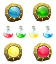 Set of magical fantasy buttons and bottles with liquid. Vector isolates are ideal for web design and online gaming. Royalty Free Stock Photo