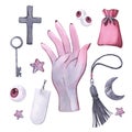 A set of magical items. Hand drawn watercolor illustration on isolated white background.