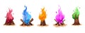 Set of magical multi-colored Bonfires. Magic Fire. Blazing flame