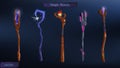 A set of magical staves. Equipment, magic staff with charms and spells. Light effects, lightning energy, flame, gem, crystal. Game