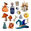 A set of magical witch items. Hat, staff, flasks with potion, magic bag, folio, mushrooms, bones, medallion, spell