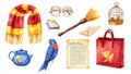 A set of magical witchcraft items. A school of witchcraft and magic wizards. Cute drawing for kids. Royalty Free Stock Photo