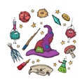 Set of Magician and alchemy tools: skull, crystal, roots, potion, feather, mushrooms, hat. Halloween collection of