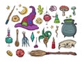 Set of Magician and alchemy tools: skull, crystal, roots, potion, feather, mushrooms, hat. Halloween collection of