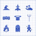 Set Magician hat, Ghost, Voodoo doll, Neptune Trident, Witch, Playing cards, Cube levitating above hand and icon. Vector