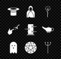Set Magician hat, Mantle, cloak, cape, staff, Ghost, Pentagram in circle, Neptune Trident, Spell and Trunk for magic