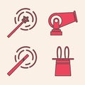 Set Magician hat and rabbit ears, Magic wand, Cannon and Magic wand icon. Vector Royalty Free Stock Photo