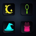 Set Magician hat and rabbit ears, Moon and stars, Witch hat and Magic hand mirror. Black square button. Vector Royalty Free Stock Photo