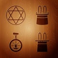 Set Magician hat and rabbit ears, Star of David, Unicycle or one wheel bicycle and Magician hat and rabbit ears on Royalty Free Stock Photo