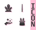 Set Magician hat and rabbit ears, stone, Sparkle stars with magic trick and wand icon. Vector