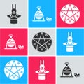 Set Magician hat and rabbit, Witch cauldron and magic stone and Pentagram in a circle icon. Vector
