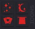 Set Magician hat, Sparkle stars with magical glitter, Moon and stars and Playing cards icon. Vector