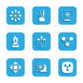 Set Magnet, Atom, Radioactive, Molecule, Processor CPU, Alcohol spirit burner, and Virus icon. Vector Royalty Free Stock Photo