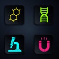 Set Magnet, Chemical formula, Microscope and DNA symbol. Black square button. Vector Royalty Free Stock Photo