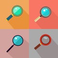 Set of magnifiers. Simple flat badges with long shadow. Vector illustration