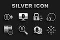Set Magnifying glass with Bitcoin, clock, Blockchain technology, Server bitcoin, Lock, and icon. Vector