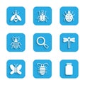 Set Magnifying glass, Larva insect, Glass jar, Dragonfly, Butterfly, Chafer beetle, Mite and Bee icon. Vector Royalty Free Stock Photo