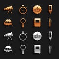 Set Magnifying glass, Marker pen, Pen, Book, Idea, speech bubble, Hand thumb up, Telescope and Stopwatch icon. Vector Royalty Free Stock Photo