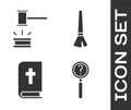 Set Magnifying glass with search, Judge gavel, Holy bible book and Paint brush icon. Vector