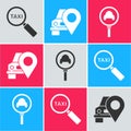 Set Magnifying glass and taxi car, Map pointer with taxi and Magnifying glass and taxi car icon. Vector Royalty Free Stock Photo