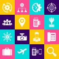 Set Magnifying glass, Telephone, Lead management, Clock and gear, Location with star and Project team base icon. Vector