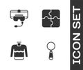 Set Magnifying glass, Virtual reality glasses, Sweater and Piece of puzzle icon. Vector