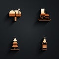 Set Mail box, Skates, Christmas tree and Champagne bottle icon with long shadow. Vector Royalty Free Stock Photo
