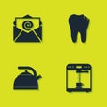 Set Mail and e-mail, Coffee machine cup, Kettle with handle and Broken tooth icon. Vector