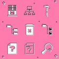 Set Mail server, Computer network, Hammer, Folder tree, Trash can and icon. Vector Royalty Free Stock Photo