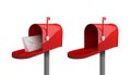 Set of red mailboxes with a closed door, a raised flag, with an open door and letters inside. Royalty Free Stock Photo