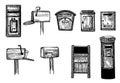 Set mailboxes sketched isolated. Vintage letterboxes in hand drawn style Royalty Free Stock Photo