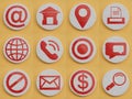 Set of main icons for web site or mobile application. Realism design concept. Red painted symbols on white texture coating round Royalty Free Stock Photo