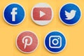 Set of main social networks icons for web site or mobile application. Realism design concept. Red and blue painted symbols Royalty Free Stock Photo