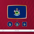 Set of Maine flags with gold frame for use at sporting events on a burgundy abstract background