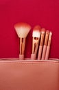 Set of make-up brushes and makeup products spilling out from pink cosmetics bag on to a red background.  Beauty and lifestyle. Royalty Free Stock Photo