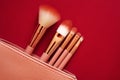 Set of make-up brushes and makeup products spilling out from pink cosmetics bag on to a red background. Top view. Royalty Free Stock Photo