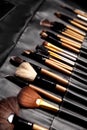 Set of make-up brushes. Tools for professional visage, maskara, eyeshadows, foundation, lipstick, blush and facial cream Royalty Free Stock Photo