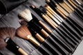 Set of make-up brushes. Tools for professional visage, maskara, eyeshadows, foundation, lipstick, blush and facial cream Royalty Free Stock Photo