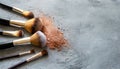 Make up cosmetic brushes with powder blush on gray background Royalty Free Stock Photo