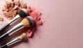 Make up cosmetic brushes with powder blush on pink background on the left side. Flat lay Royalty Free Stock Photo