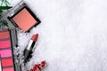 Set of make-up cosmetic products on a winter background made of snow. Concept of a gift for woman in the Christmas season. Royalty Free Stock Photo