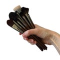 Set of makeup brushes held in a hand, isolated on a white background. Beauty tools used for cosmetics application Royalty Free Stock Photo