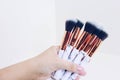 Makeup brushes in hand on a white background Royalty Free Stock Photo
