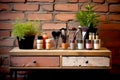 A set of makeup and cosmetic brushes in a colored jars on the table