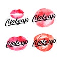 Set of makeup hand written lettering logo, label, emblem with watercolor lips and splash.